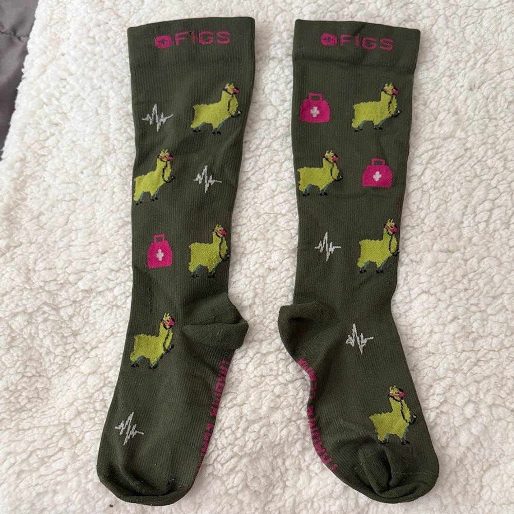 Figs Olive Green Llama Patterned Socks